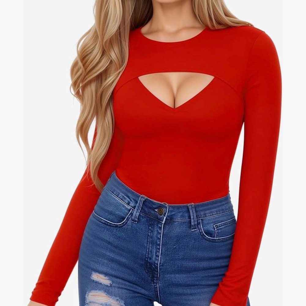Red Long Sleeve Cutout Top